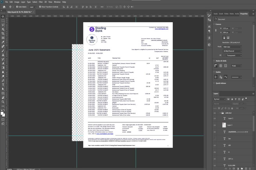 Modèle Word et PDF de relevé de la Starling Bank britannique template